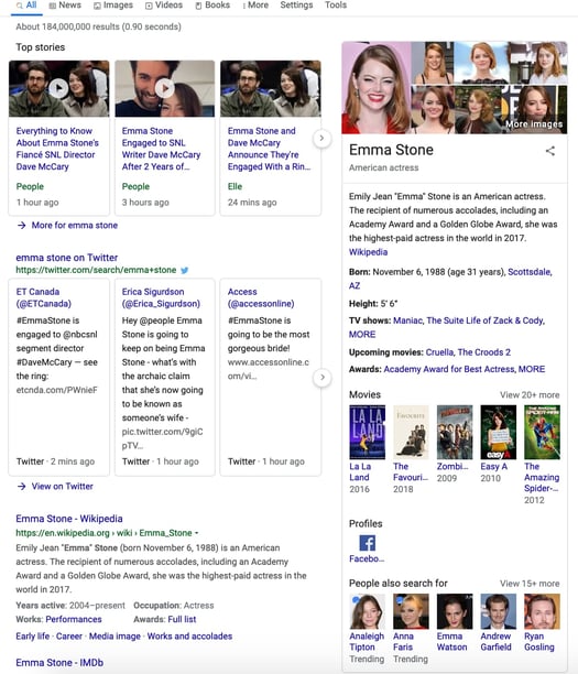 Semantic search for Emma Stone shows related interests.